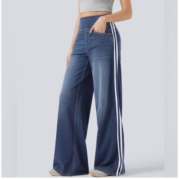 HALARA Denim - Halara Flex™ High Waisted Stripe Wide Leg Flowy Washed Casual Jeans Pockets S